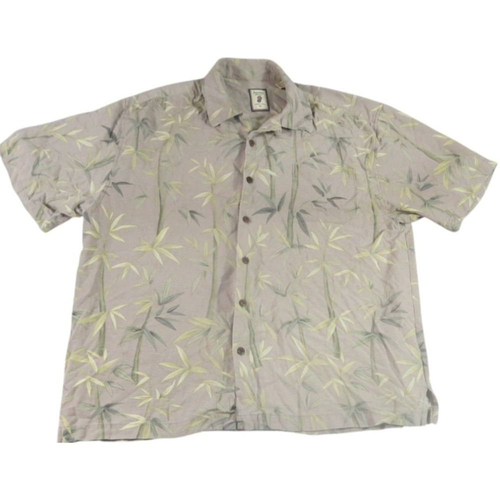 Jamaica Jaxx Hawaiian Shirt Men XL Beige Silk Tropical Palm Leaf Casual Camp Top
